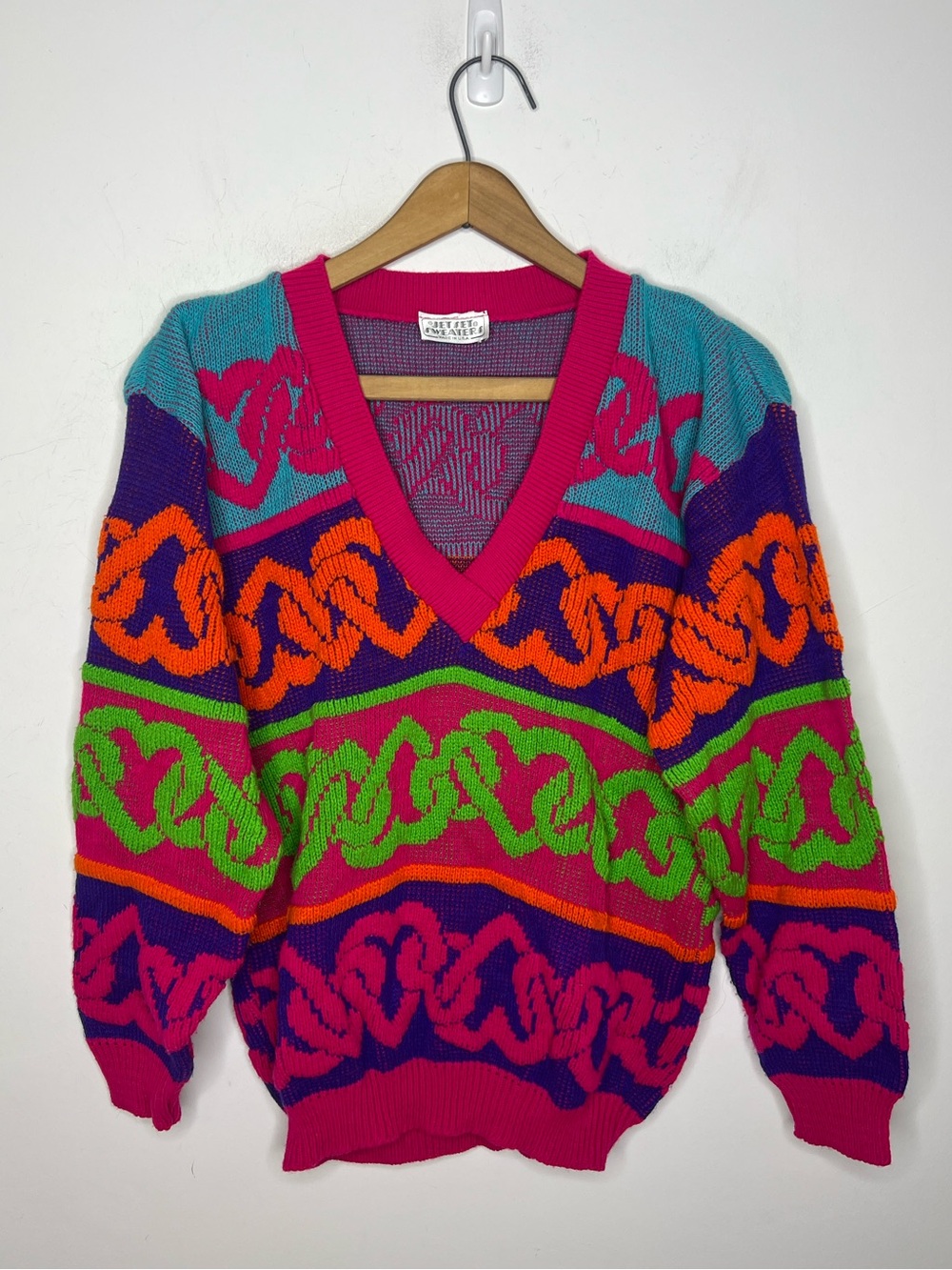 Vintage 80s 90s Jet Set Neon Abstract Sweater USA V Neck S M
